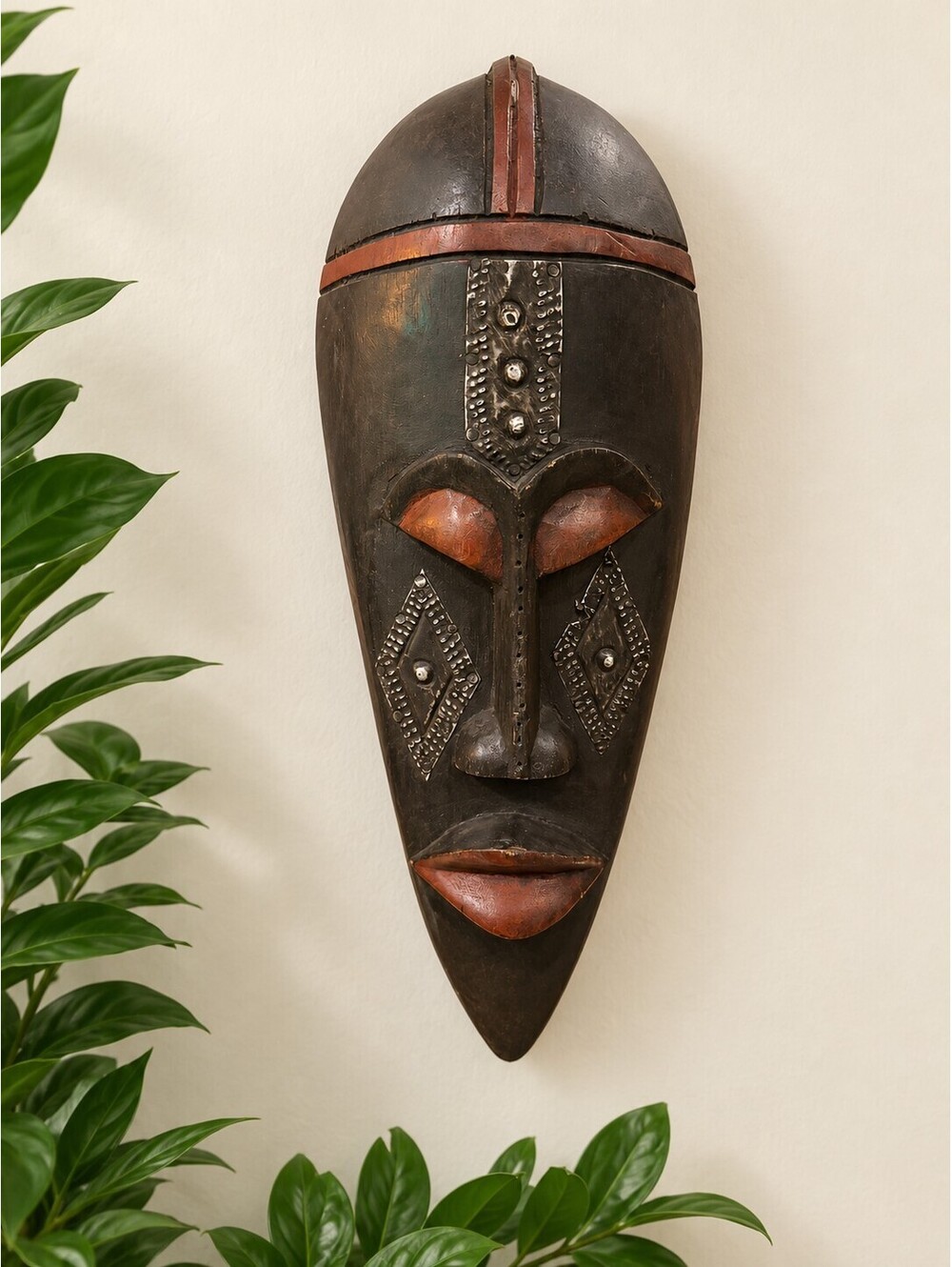 Carved Wood Wall Mask Black Brown with Metal Accents